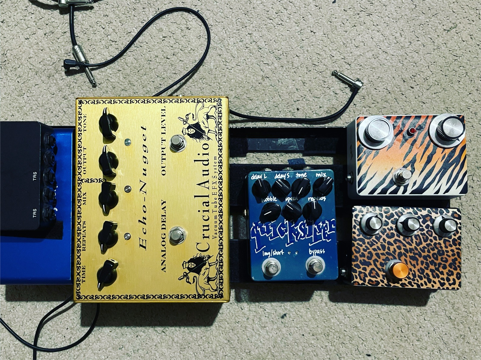 Left to right: Crucial Audio Echo Nugget, Blackbox Quicksilver, Goose Germanium Fuzz, Goose Effects Crossfire